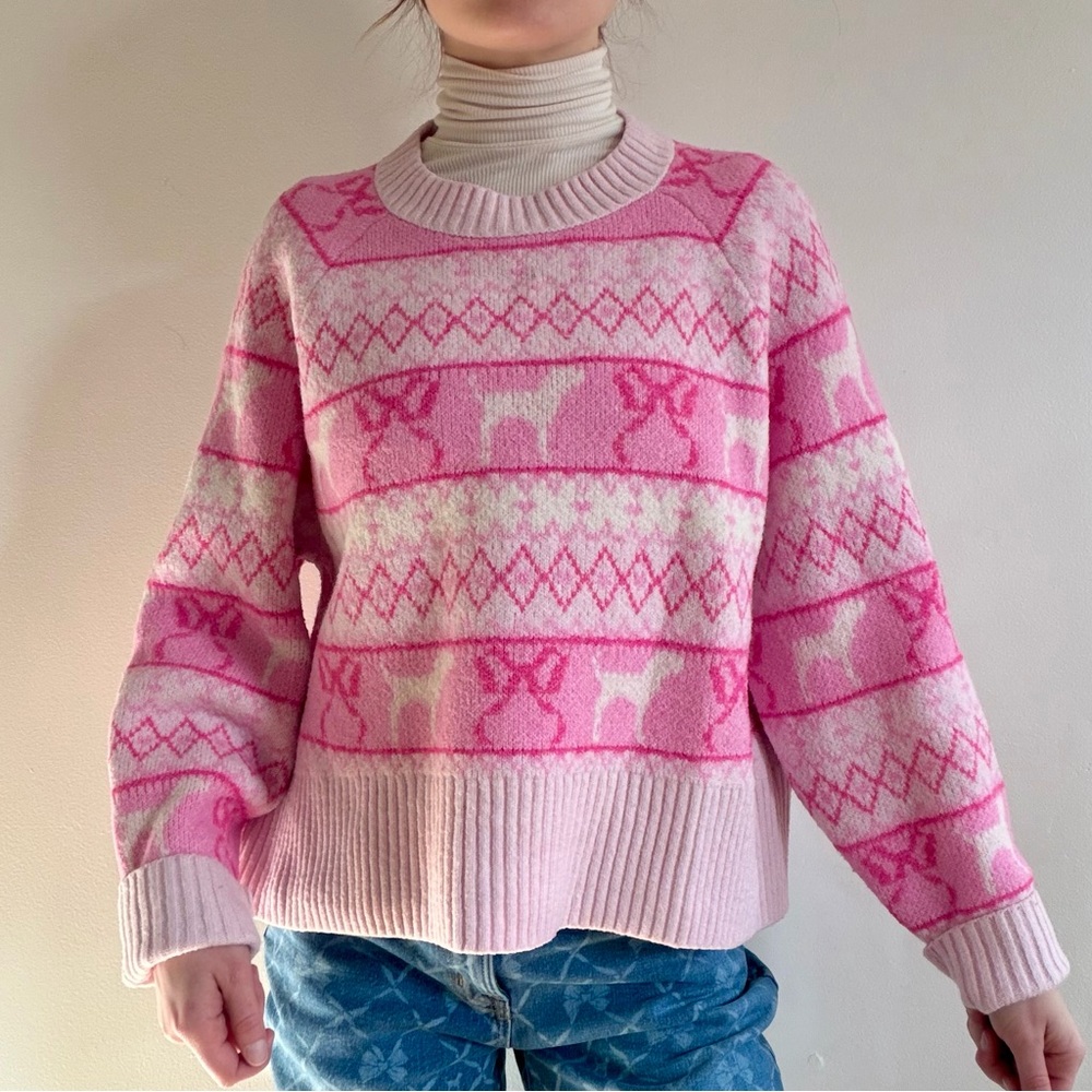 Victoria's Secret PINK x LoveShackFancy Boxy Sweater Pink Tulip Fairisle -Small